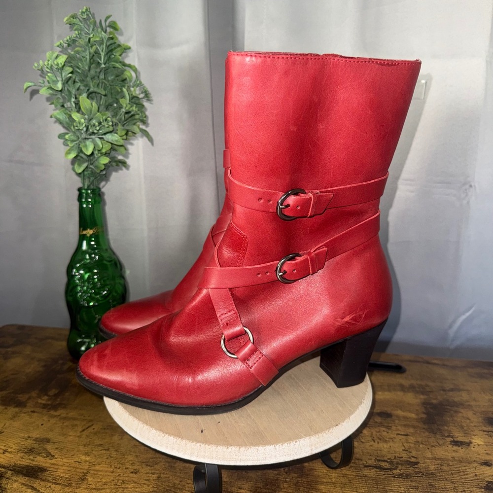 Auditions Rider Red Leather Buckle Heel Boots Womens 10M Moto Goth Punk Biker